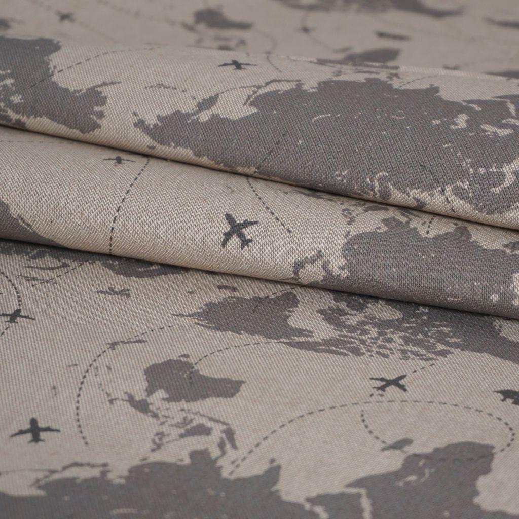Dekostoff Leinenlook Landkarte Flugzeugrouten grau beige